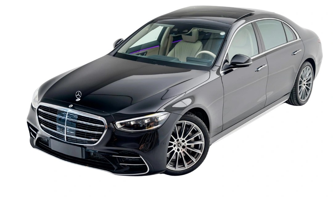 Front view of a black Mercedes E-Class saloon