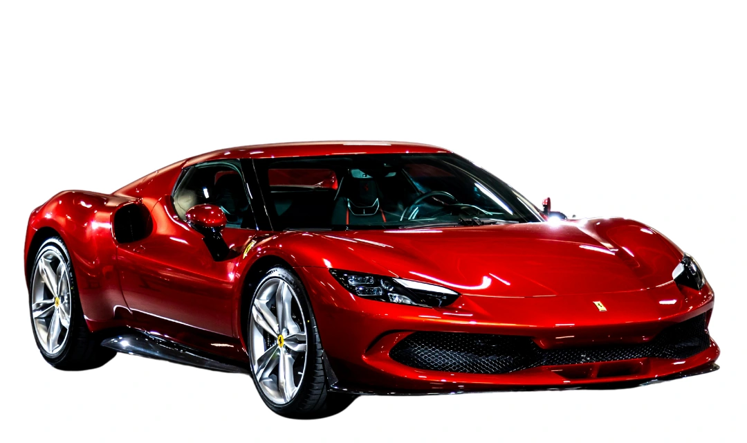 Front angled view of a red Ferrari sports car