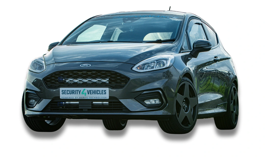 Front view of a grey Ford Fiesta fitted with Security4Vehicles products