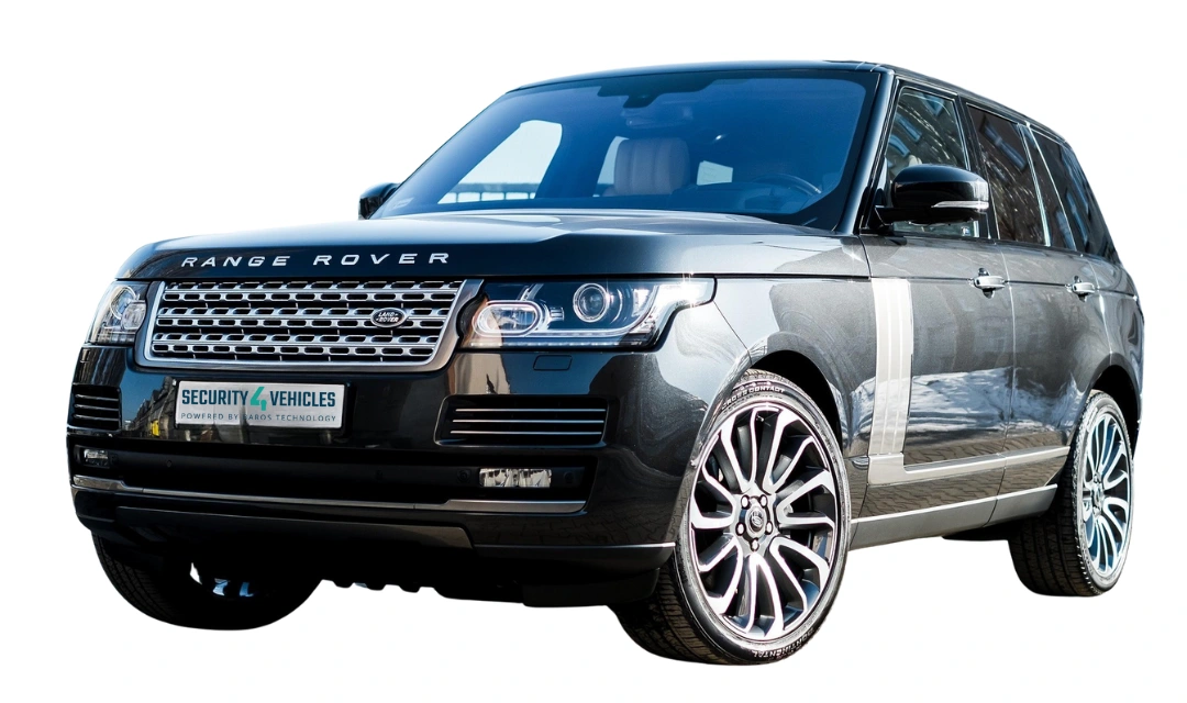 Front view of a black Range Rover fitted with Security4Vehicles products