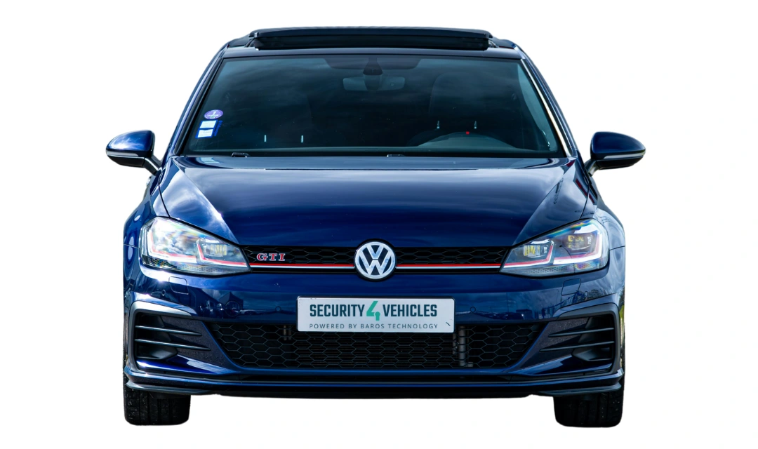 Front view of a dark blue Volkswagen Golf GTI with Security4Vehicles branding