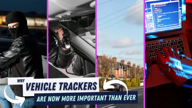 Montage showing car thief, tampering, vehicle on the street, and hacker at computer, stressing importance of vehicle trackers.
