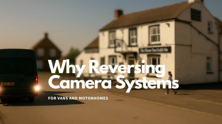 A van with reversing lights on outside a village pub, illustrating the importance of reversing camera systems for improved safety and visibility.