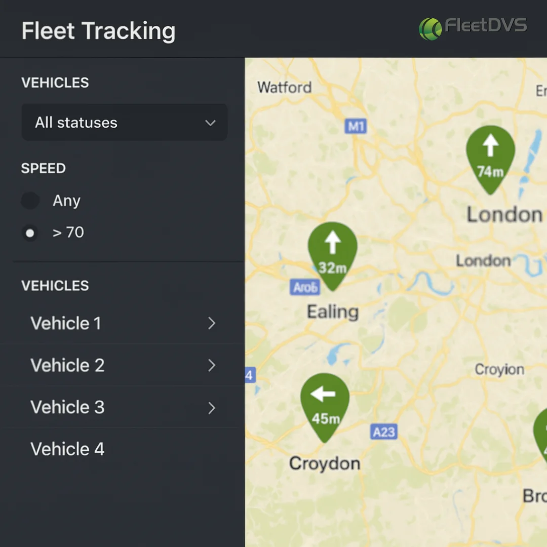 FleetDVS web tracking dashboard showing real-time locations of vehicles in London