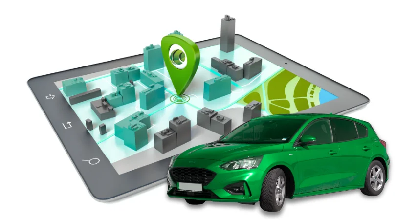 Green vehicle and 3D digital map showing GPS location with FleetDVS branding